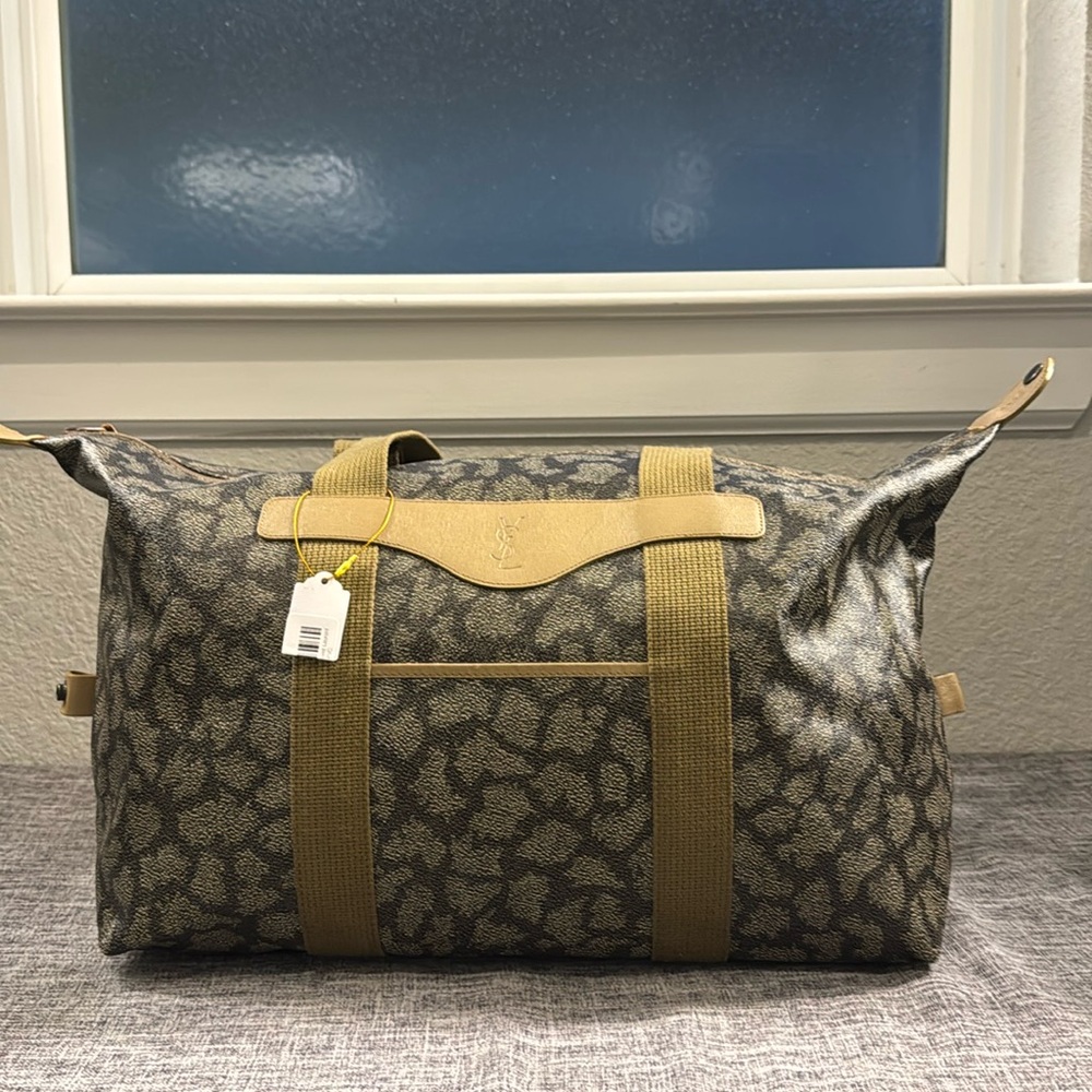 YSL Yves Saint Laurent Gray and Tan Duffel Bag with Sturdy Straps